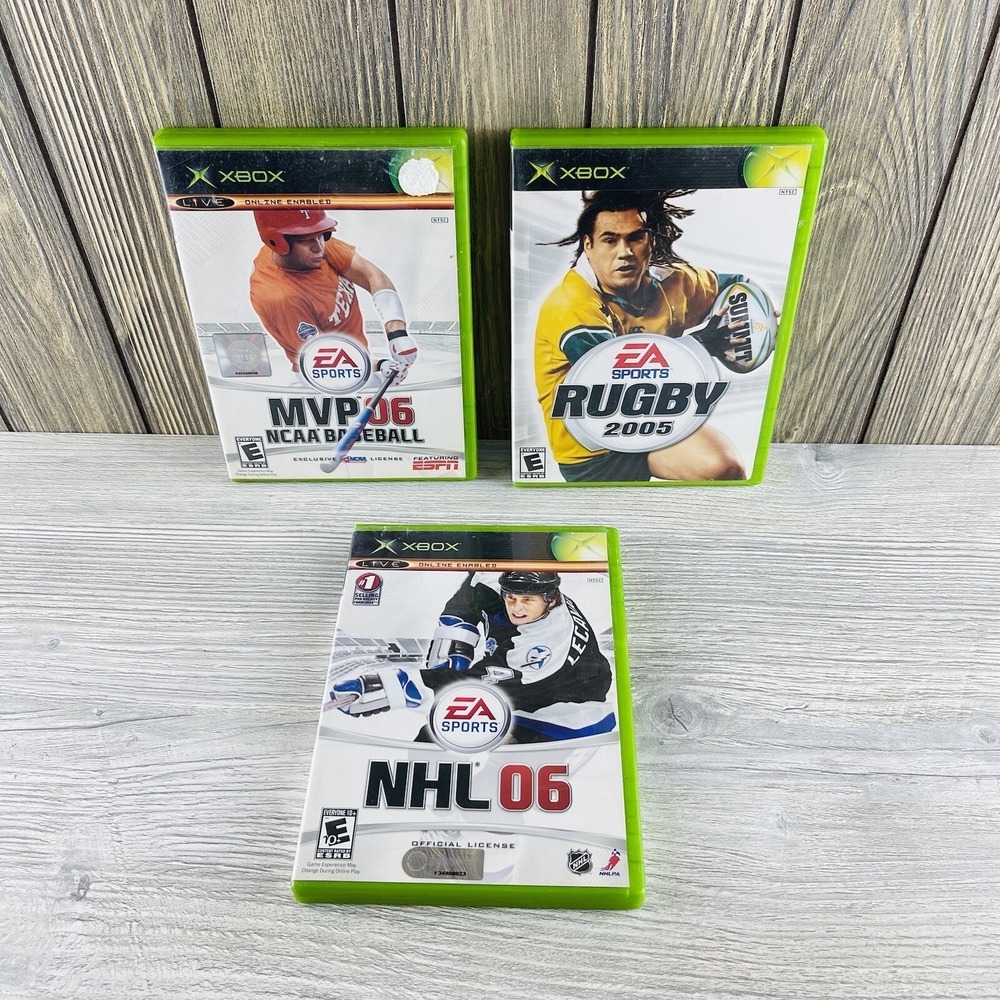 Lot of 3 Original Xbox Games Sports NHL 06, Rugby 2005 & MVP NCAA Baseball 06